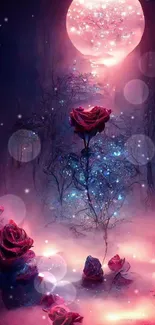 Glowing roses under a mystical moon.