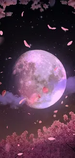 Moonlit sakura night with cherry blossoms.