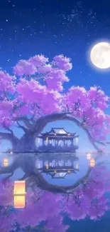 Serene night scene with moonlit cherry blossoms over a reflective lake.