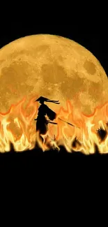 Silhouette with fiery flames under a full moon.