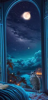 Moonlit night sky through an open window overlooking a beach.