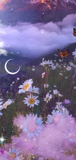 Enchanting mountain wallpaper with flowers and butterflies in purple hues.