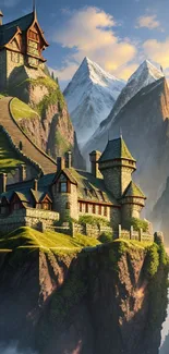 A picturesque castle on a lush green mountain with snowy peaks.