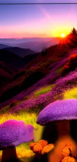 Vibrant mountain sunset with mushrooms and colorful landscape.