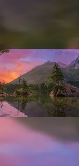 Stunning mountain and lake sunset wallpaper with vibrant purple hues.