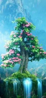 Mystical tree on a floating island with scenic mountains.