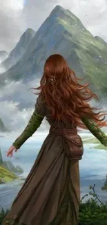 Fantasy character overlooking a scenic mountain valley.