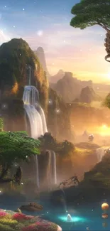 Fantasy landscape with waterfalls and mountains in sunset glow.