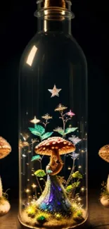 A magical glowing mushroom scene inside a glass bottle, surrounded by starry lights.