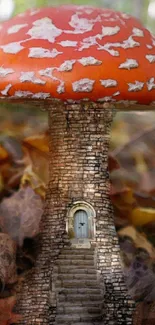 Fantasy mushroom house with vibrant colors and enchanting design.