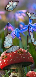 Whimsical scene with mushrooms, flowers, and butterflies.