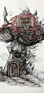 Whimsical mushroom house sketch with floral accents.