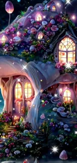 Magical mushroom house glowing in a mystical night setting, surrounded by flowers.