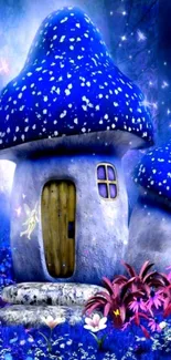 Whimsical mushroom house in magical forest wallpaper with vibrant blue tones.