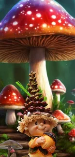 Charming woodland character amidst vibrant mushrooms in a magical forest.