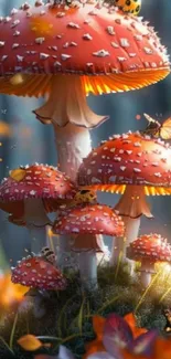 Vibrant red mushrooms with butterflies in forest setting.