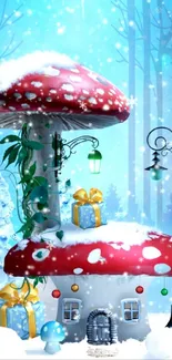 Whimsical winter scene with mushrooms, gifts, and festive decor in a snowy forest.