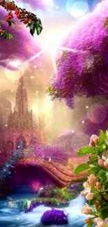 Enchanting mobile wallpaper with mystical purple trees and blooming flowers.