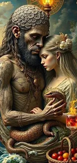 Mythical couple embrace in fantasy art wallpaper with intricate details.