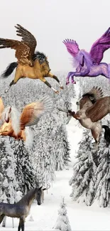 Magical unicorns and creatures in snowy winter forest wallpaper.