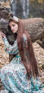 Girl and deer in a peaceful autumn forest setting with floral details.