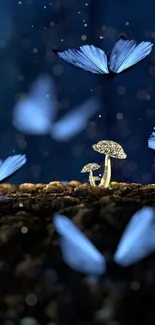 Blue butterflies and glowing mushrooms in a dark forest setting.