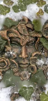 Mystical face design with leaves and snowflake accents.