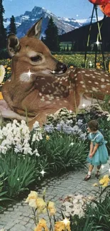 Fantastic deer and flower garden with a mountain backdrop.