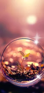 Delicate plant encased in a glowing bubble on a soft pink background.