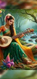 Woman in sari playing instrument in nature.