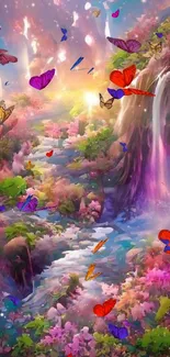 Vibrant fantasy nature wallpaper with butterflies and a waterfall.