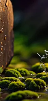 Whimsical water droplet sculpture on mossy landscape with serene backdrop.