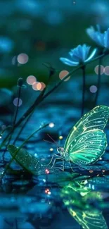 Neon butterfly in magical, serene blue setting.
