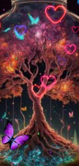 Enchanting neon fantasy wallpaper with a mystical tree and butterflies in a jar.