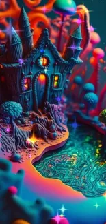 Neon fantasy world with a glowing castle, vibrant colors, and surreal landscape.