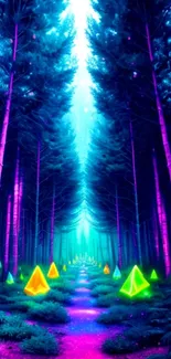 Enchanting neon forest with glowing pyramids and vibrant trees.