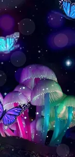 Neon mushrooms and butterflies in a mystical night scene.