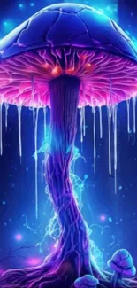 Neon mushroom with vibrant blue and purple glow in a mystical forest setting.