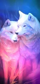 Two neon-lit white wolves in colorful forest.