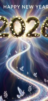 New Year 2026 wallpaper with glowing numbers and doves.