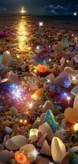 Magical night beach with colorful glowing stones and a serene ocean view.