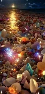 Enchanting night beach with glowing stones and distant light.