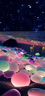 Fantasy beach scene with glowing pebbles.