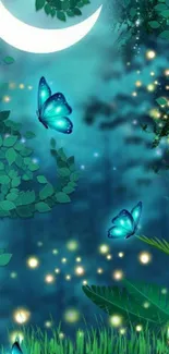 Luminous butterflies fluttering under the moon in a mystical forest wallpaper.