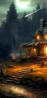 Mystical night cabin in a forest with glowing windows and moonlit scene.