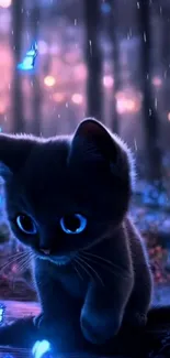 A dark cat with glowing butterflies in a mystical blue-lit forest setting.