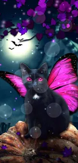 Mystical black cat with pink wings under a vibrant moonlit sky on a pumpkin.