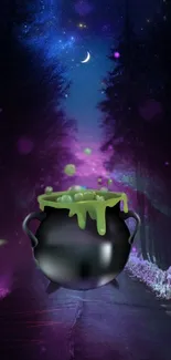 Mystical cauldron under a cosmic night sky in a purple-hued forest.