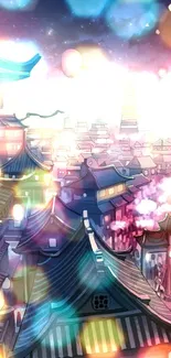 Anime cityscape at dusk with glowing lanterns and a vibrant sky.