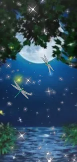 Dragonflies flutter under a starry, moonlit sky over a tranquil pond.